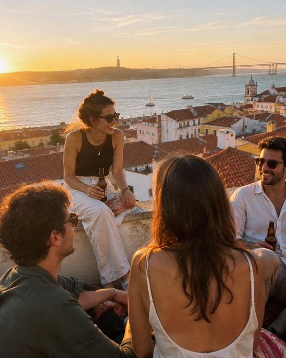Friends watching the sunset over Lisbon rooftops